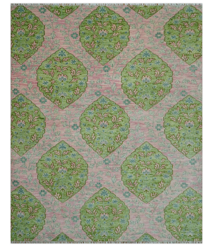 Custom Made Pink And Green Traditional Floral Motifs Design Hand Knotted wool area rug - The Rug Decor