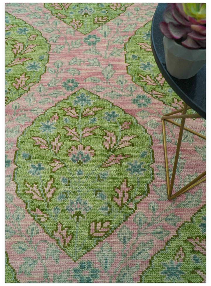 Custom Made Pink And Green Traditional Floral Motifs Design Hand Knotted wool area rug - The Rug Decor