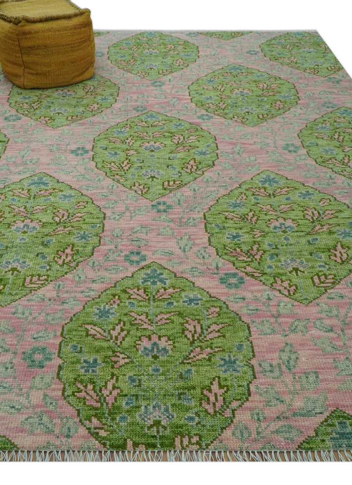 Custom Made Pink And Green Traditional Floral Motifs Design Hand Knotted wool area rug - The Rug Decor