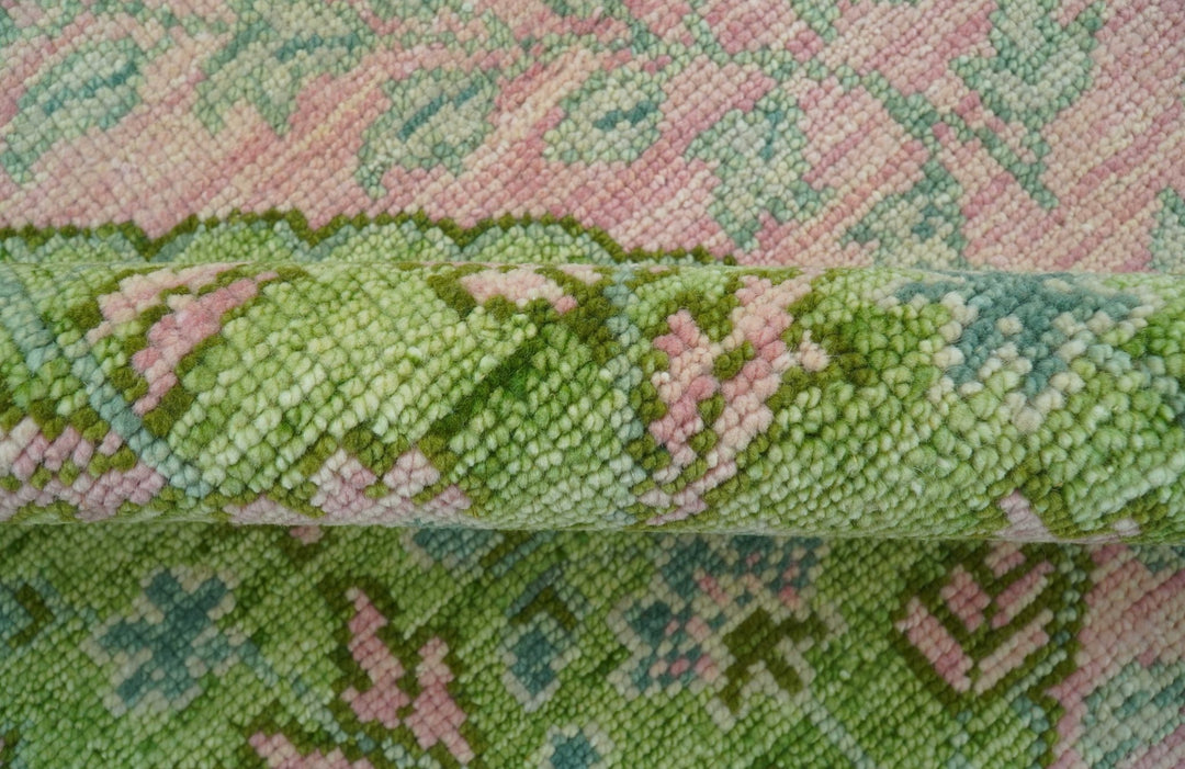 Custom Made Pink And Green Traditional Floral Motifs Design Hand Knotted wool area rug - The Rug Decor