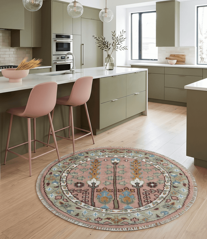 Custom Made Pink And Olive Tree of life Round Hand Knotted Wool Rug - The Rug Decor