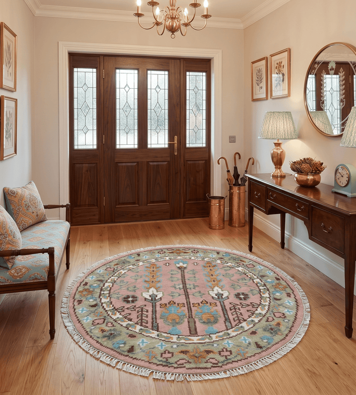 Custom Made Pink And Olive Tree of life Round Hand Knotted Wool Rug - The Rug Decor