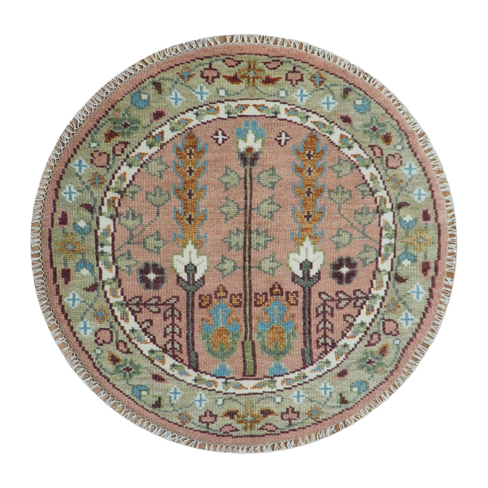 Custom Made Pink And Olive Tree of life Round Hand Knotted Wool Rug - The Rug Decor