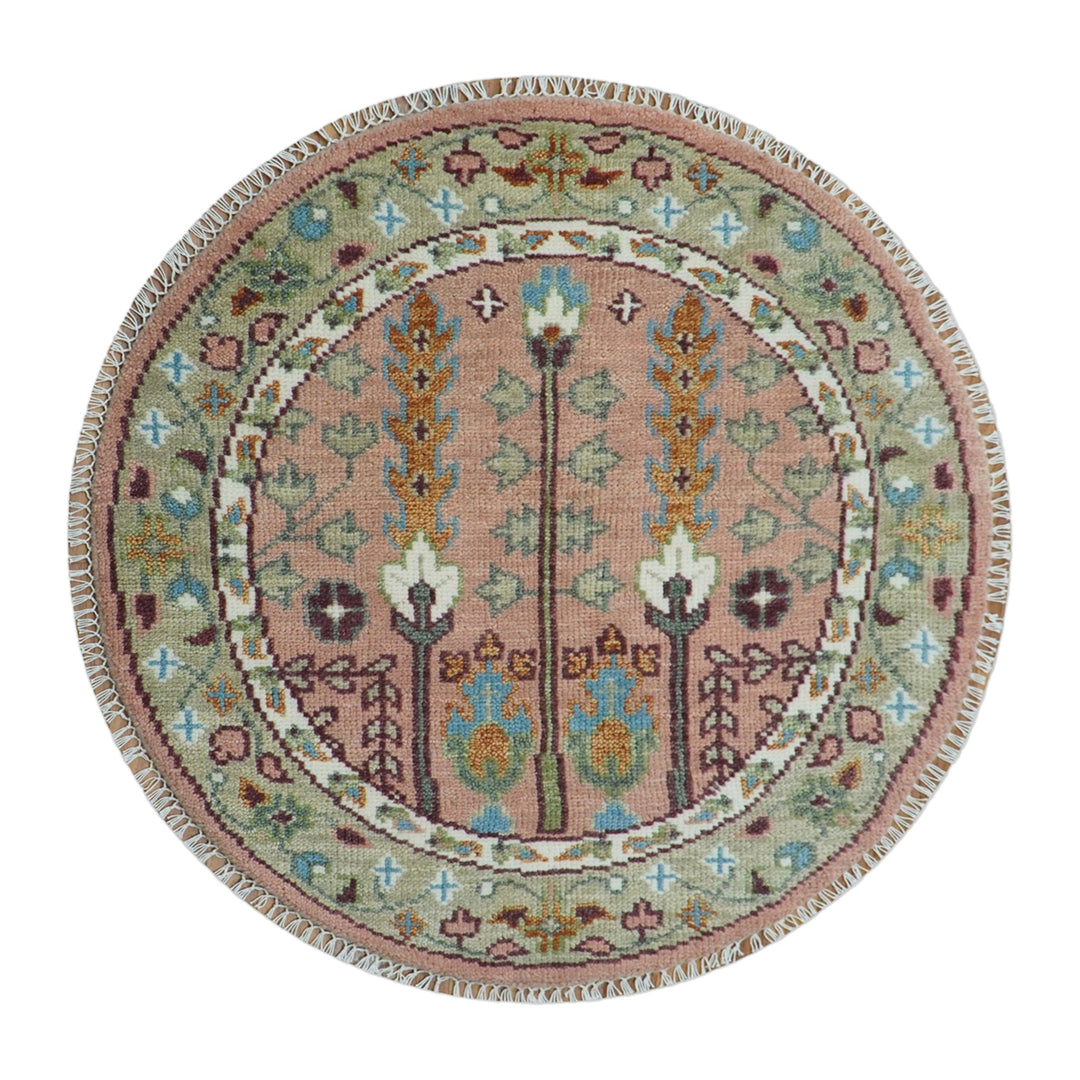 Custom Made Pink And Olive Tree of life Round Hand Knotted Wool Rug - The Rug Decor