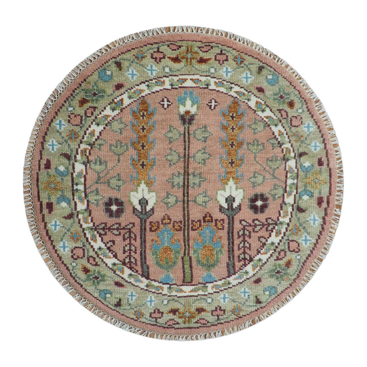 Custom Made Pink And Olive Tree of life Round Hand Knotted Wool Rug - The Rug Decor