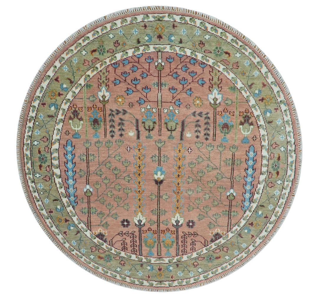 Custom Made Pink And Olive Tree of life Round Hand Knotted Wool Rug - The Rug Decor