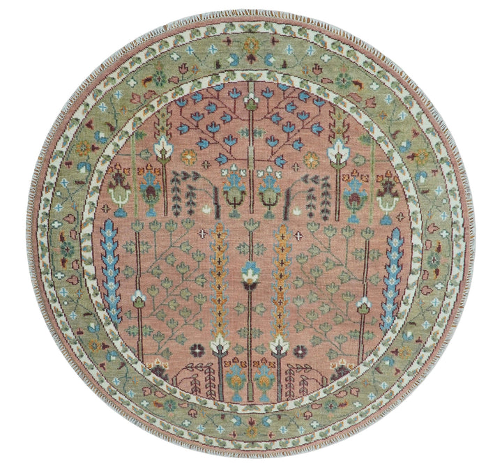 Custom Made Pink And Olive Tree of life Round Hand Knotted Wool Rug - The Rug Decor