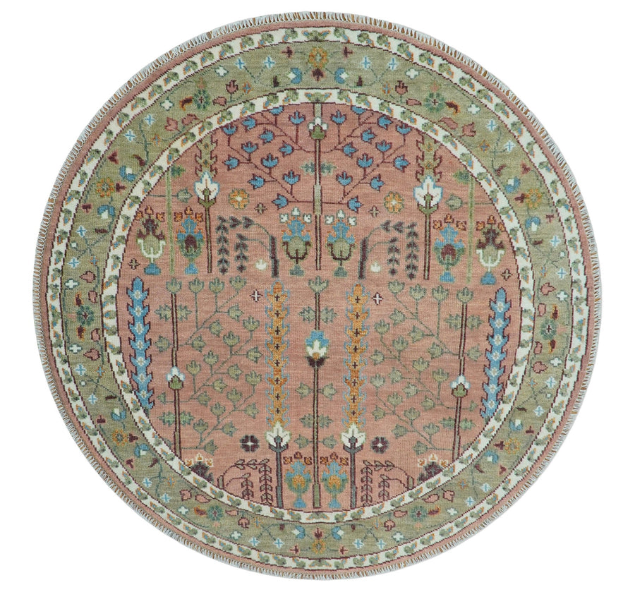 Custom Made Pink And Olive Tree of life Round Hand Knotted Wool Rug - The Rug Decor