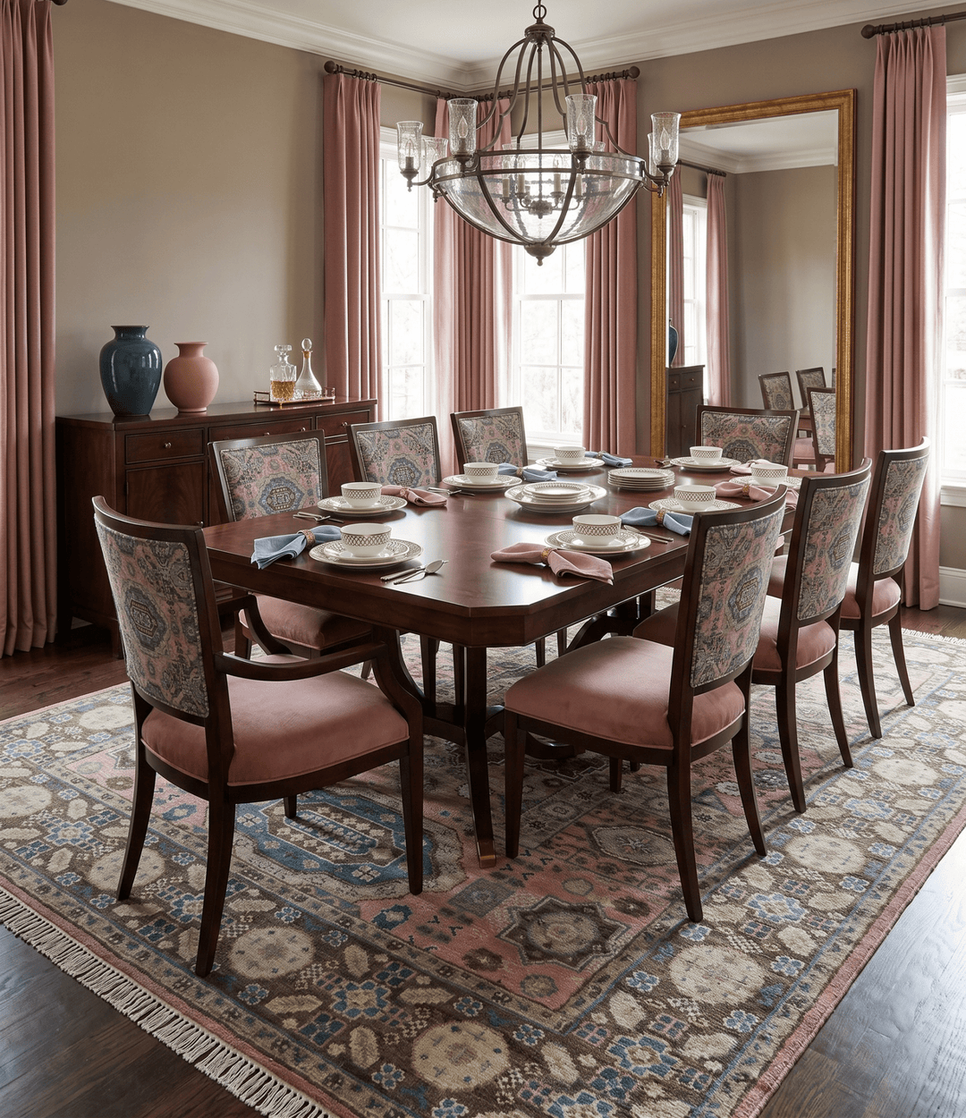 Custom Made Pink, Beige and Olive Hand knotted Medallion Mamluk Multi Size wool Area Rug - The Rug Decor
