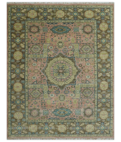 Custom Made Pink, Beige and Olive Hand knotted Medallion Mamluk Multi Size wool Area Rug - The Rug Decor