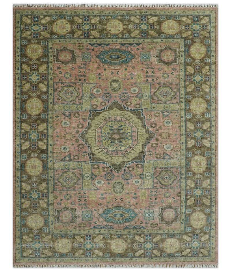 Custom Made Pink, Beige and Olive Hand knotted Medallion Mamluk Multi Size wool Area Rug - The Rug Decor