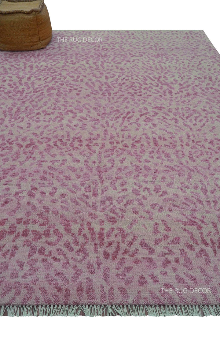 Custom Made Pink Contemporary Abstract Leopard Print Hand Knotted Wool Rug - The Rug Decor