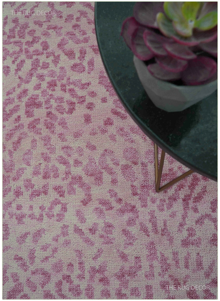 Custom Made Pink Contemporary Abstract Leopard Print Hand Knotted Wool Rug - The Rug Decor