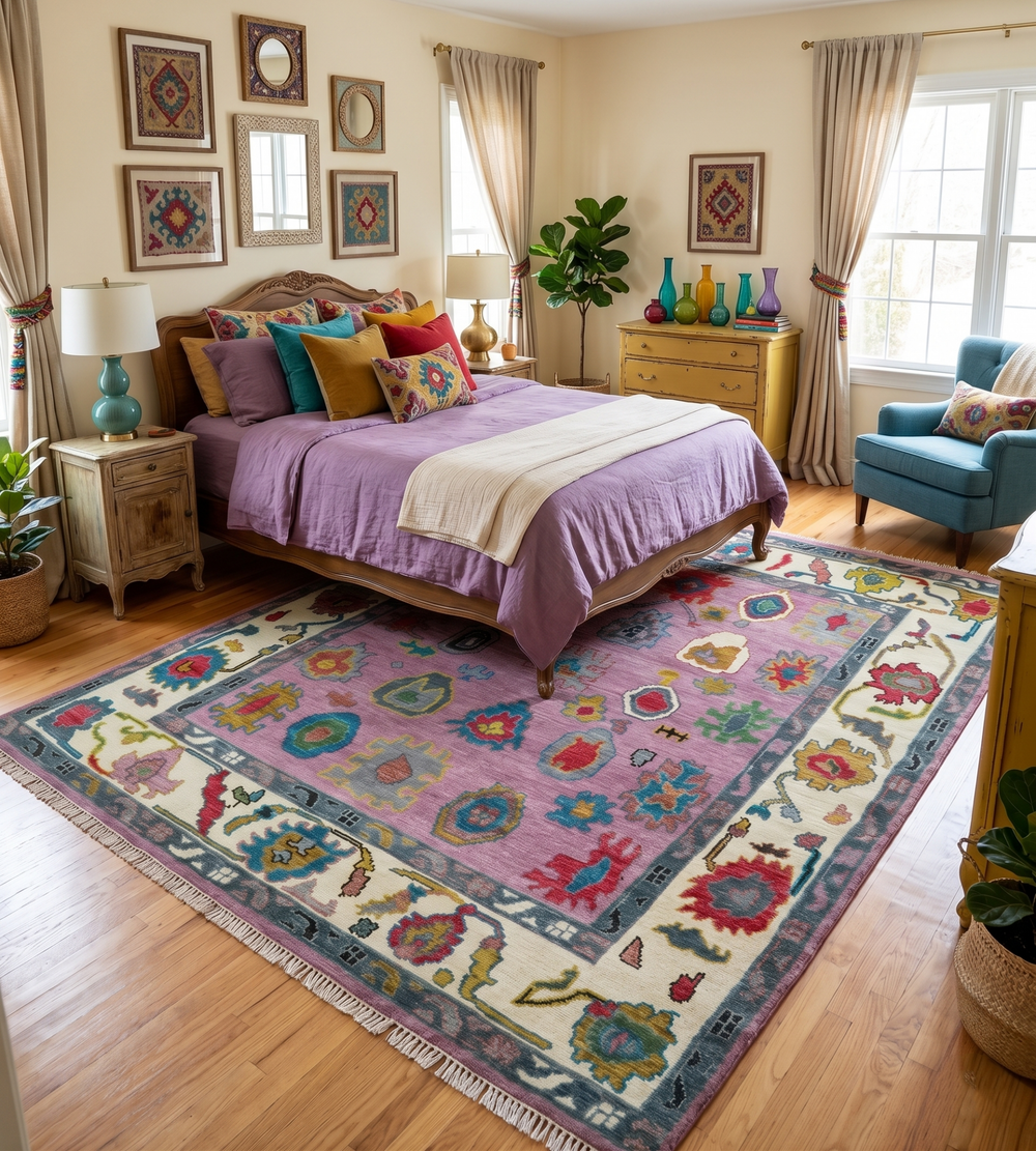 Custom Made Purple and Ivory Hand knotted Traditional Oushak wool Area Rug - The Rug Decor