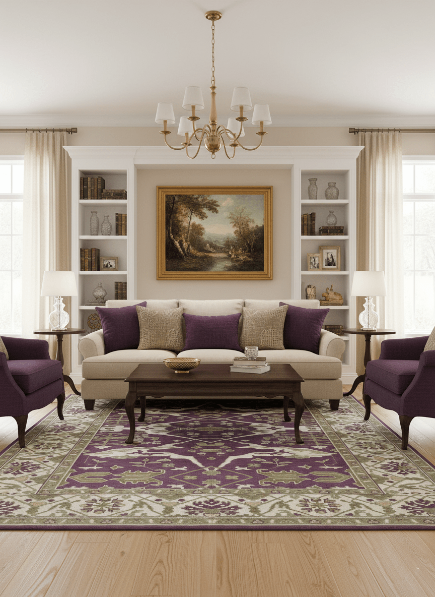 Custom Made Purple, Ivory And Beige Traditional Oushak Design Hand Knotted wool rug - The Rug Decor