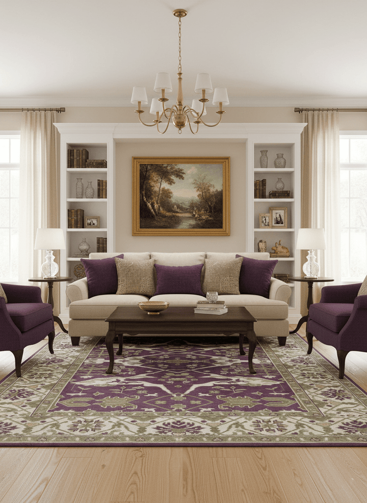 Custom Made Purple, Ivory And Beige Traditional Oushak Design Hand Knotted wool rug - The Rug Decor