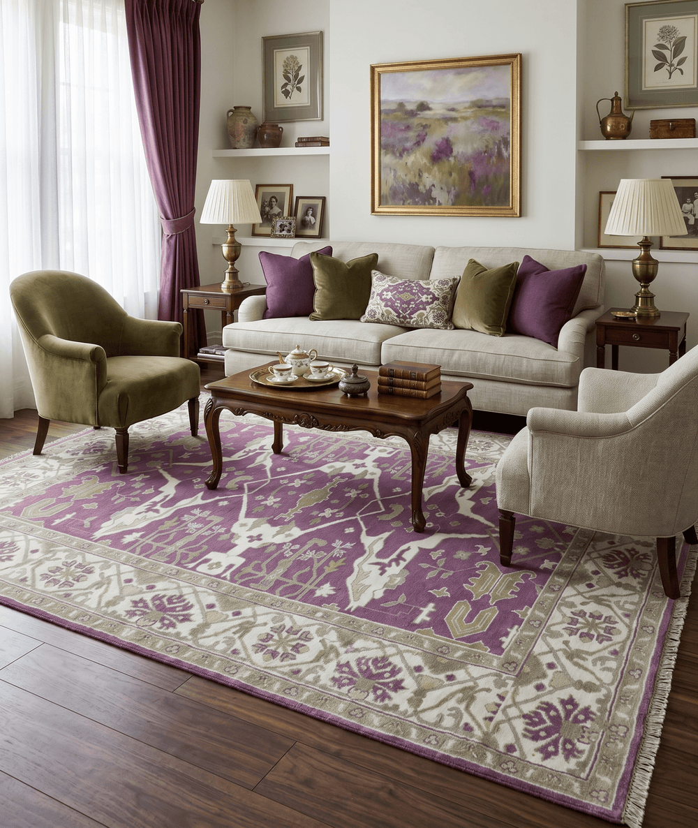 Custom Made Purple, Ivory And Beige Traditional Oushak Design Hand Knotted wool rug - The Rug Decor