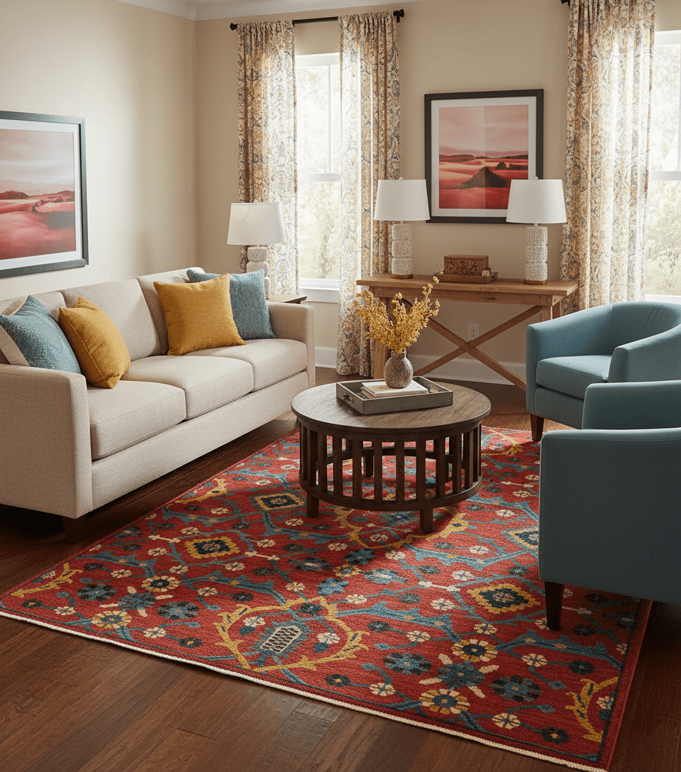 Custom Made Red And Blue Traditional Floral Motifs Hand Knotted Wool Rug - The Rug Decor