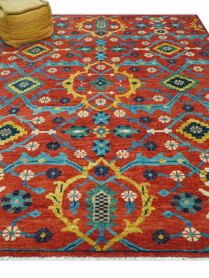 Custom Made Red And Blue Traditional Floral Motifs Hand Knotted Wool Rug - The Rug Decor