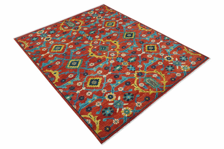 Custom Made Red And Blue Traditional Floral Motifs Hand Knotted Wool Rug - The Rug Decor