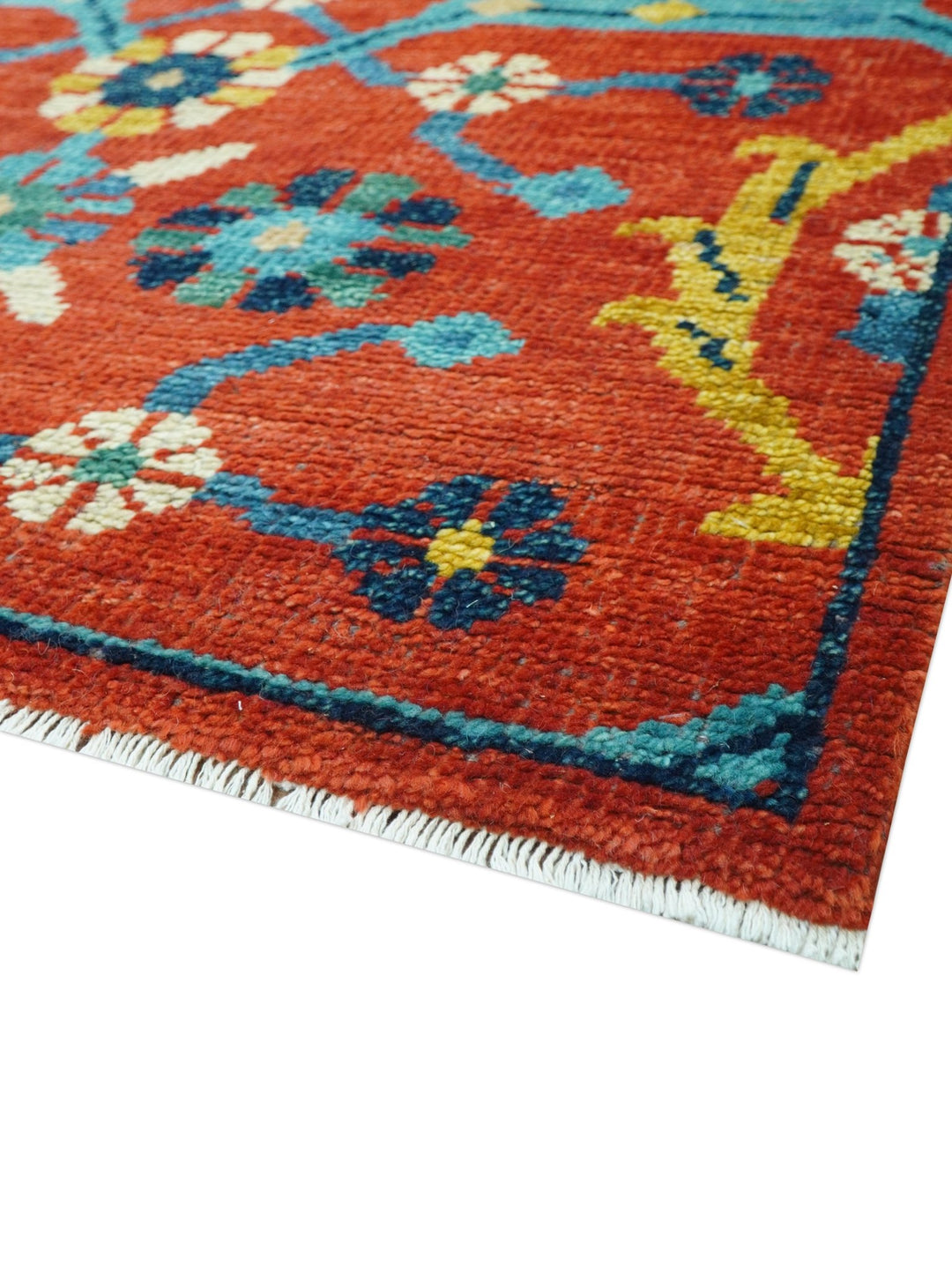 Custom Made Red And Blue Traditional Floral Motifs Hand Knotted Wool Rug - The Rug Decor