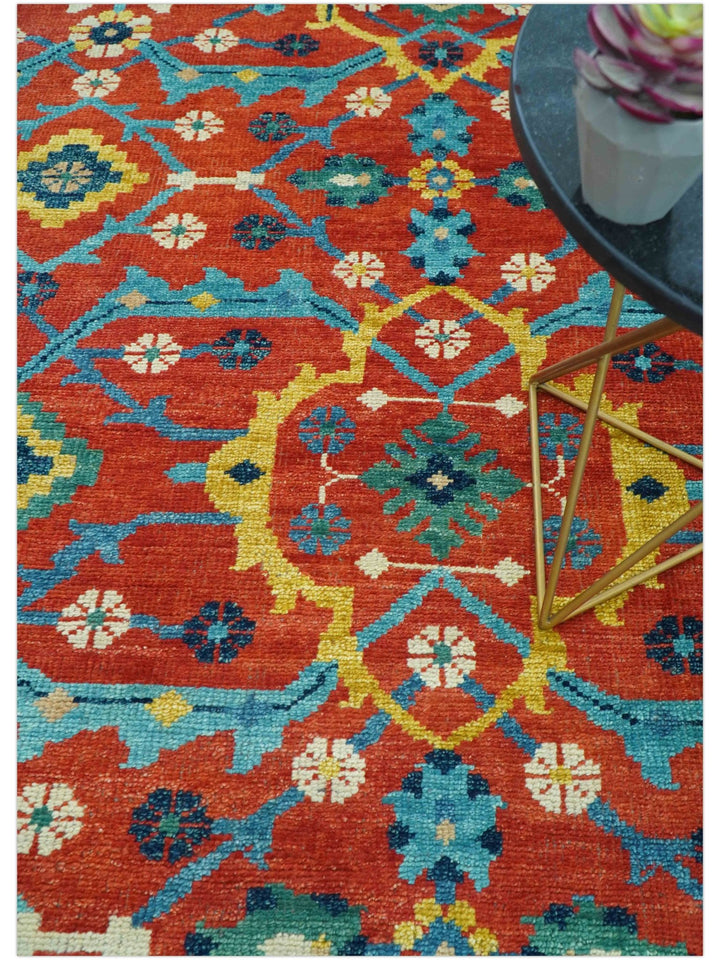Custom Made Red And Blue Traditional Floral Motifs Hand Knotted Wool Rug - The Rug Decor