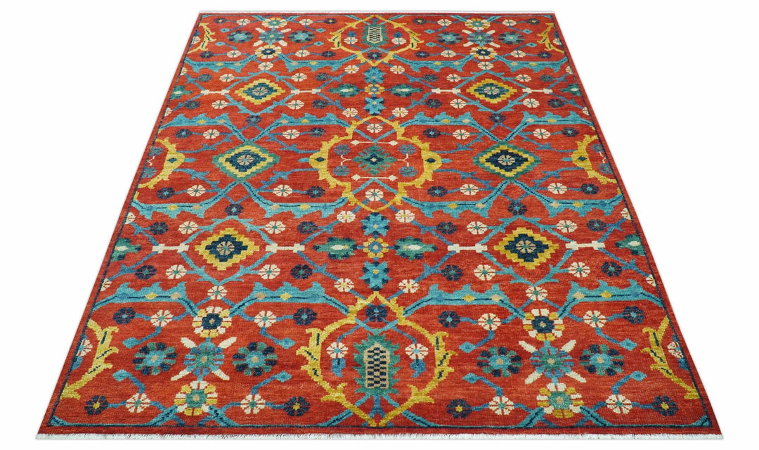 Custom Made Red And Blue Traditional Floral Motifs Hand Knotted Wool Rug - The Rug Decor