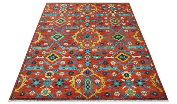 Custom Made Red And Blue Traditional Floral Motifs Hand Knotted Wool Rug - The Rug Decor