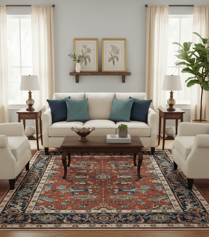 Custom Made Red And Blue Traditional Hand Knotted Wool Rug - The Rug Decor