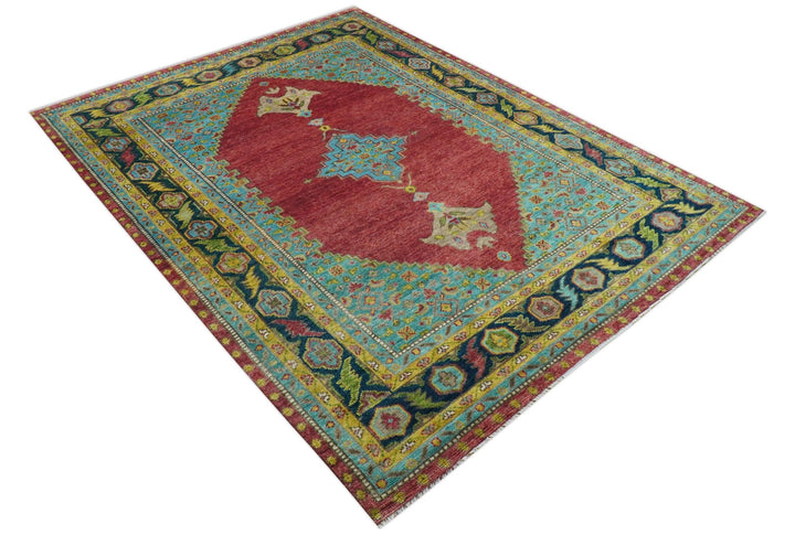 Custom Made Red And Blue Traditional Serapi Hand Knotted Wool Rug - The Rug Decor