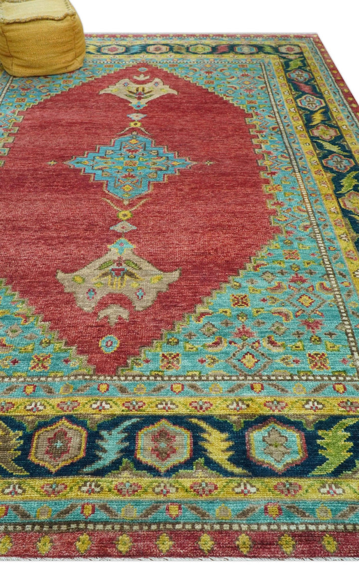 Custom Made Red And Blue Traditional Serapi Hand Knotted Wool Rug - The Rug Decor