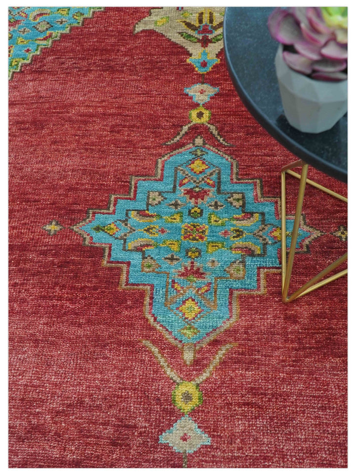 Custom Made Red And Blue Traditional Serapi Hand Knotted Wool Rug - The Rug Decor