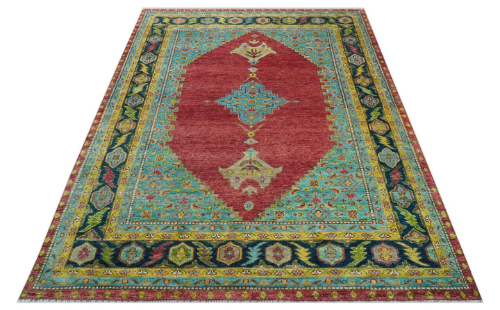 Custom Made Red And Blue Traditional Serapi Hand Knotted Wool Rug - The Rug Decor