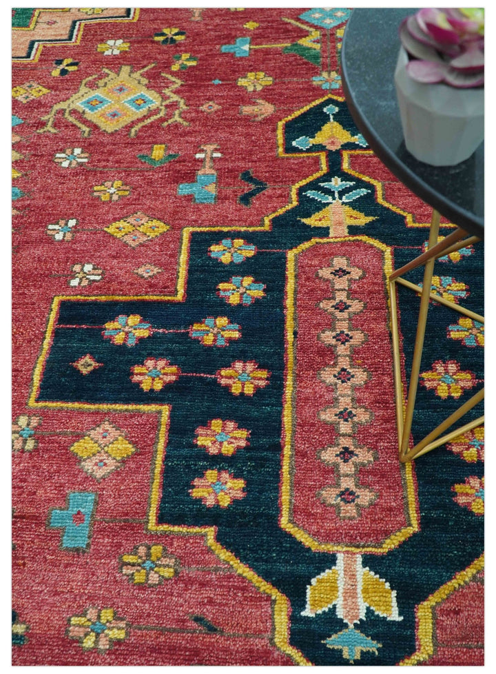 Custom Made Red And Green Traditional Heriz Design Hand Knotted Wool Rug - The Rug Decor