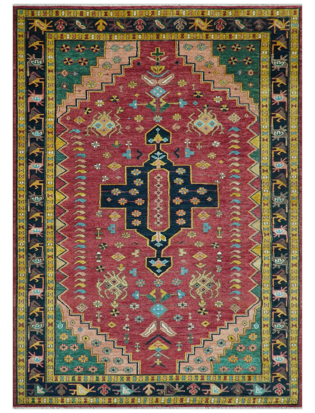 Custom Made Red And Green Traditional Heriz Design Hand Knotted Wool Rug - The Rug Decor
