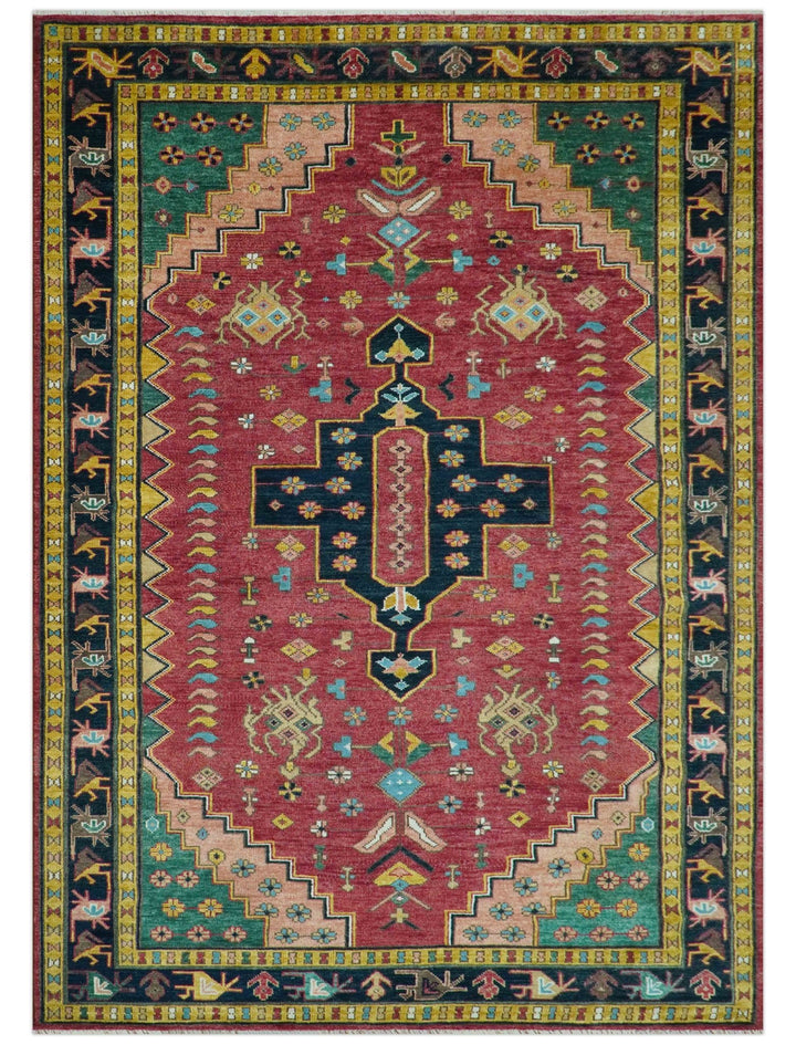 Custom Made Red And Green Traditional Heriz Design Hand Knotted Wool Rug - The Rug Decor