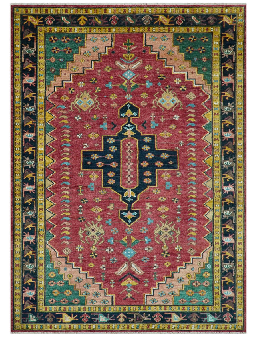 Custom Made Red And Green Traditional Heriz Design Hand Knotted Wool Rug - The Rug Decor