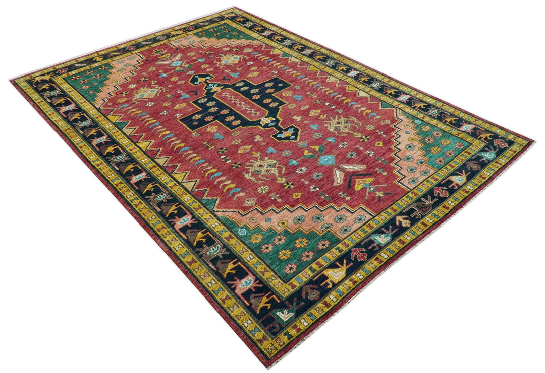 Custom Made Red And Green Traditional Heriz Design Hand Knotted Wool Rug - The Rug Decor