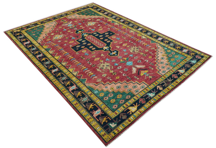 Custom Made Red And Green Traditional Heriz Design Hand Knotted Wool Rug - The Rug Decor