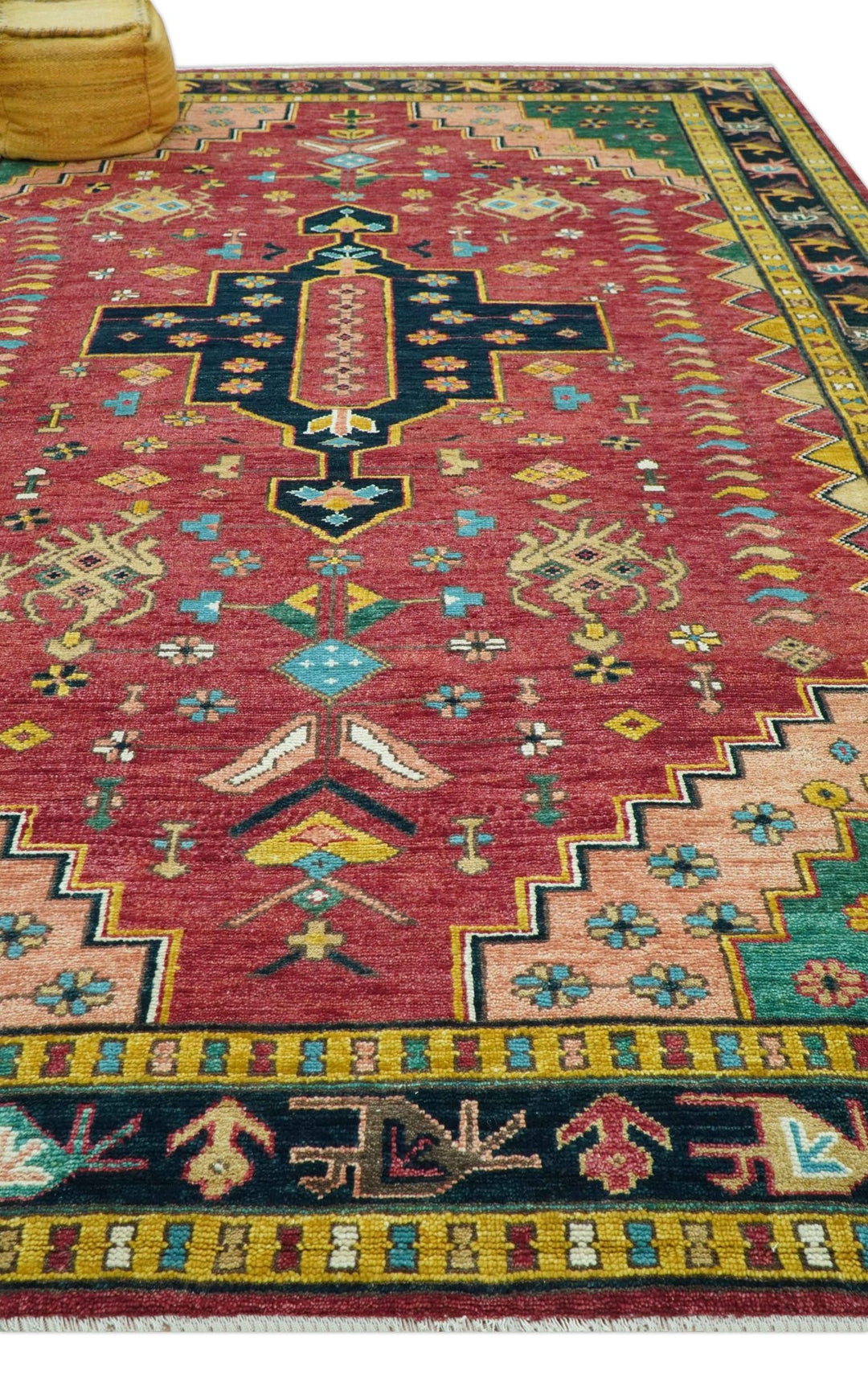 Custom Made Red And Green Traditional Heriz Design Hand Knotted Wool Rug - The Rug Decor