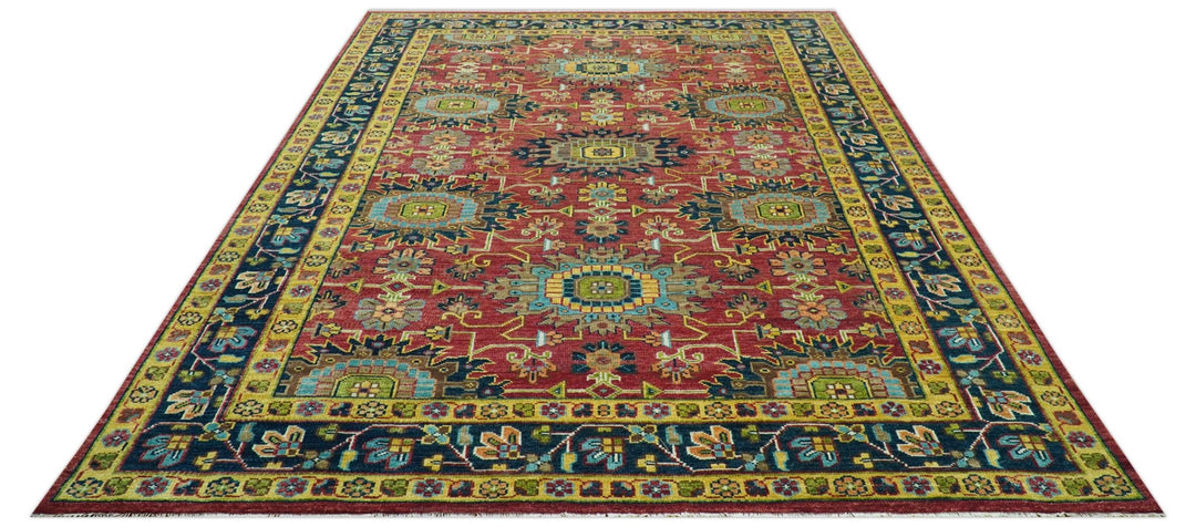 Custom Made Red And Mustard Traditional Floral Design Hand Knotted Wool Rug - The Rug Decor