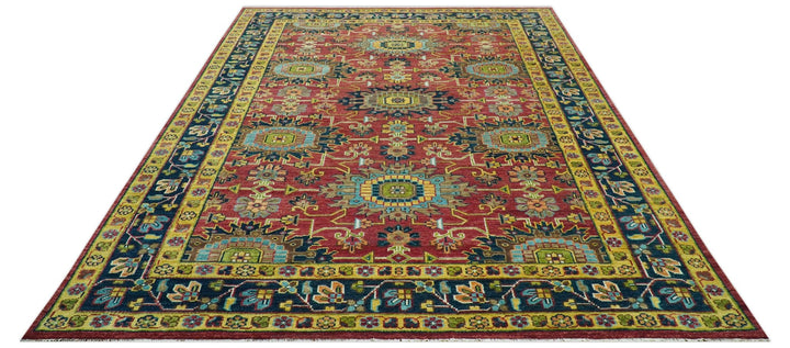 Custom Made Red And Mustard Traditional Floral Design Hand Knotted Wool Rug - The Rug Decor