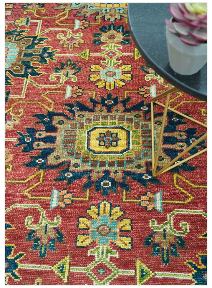 Custom Made Red And Mustard Traditional Floral Design Hand Knotted Wool Rug - The Rug Decor