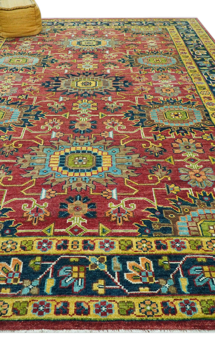 Custom Made Red And Mustard Traditional Floral Design Hand Knotted Wool Rug - The Rug Decor