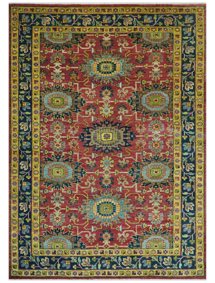 Custom Made Red And Mustard Traditional Floral Design Hand Knotted Wool Rug - The Rug Decor
