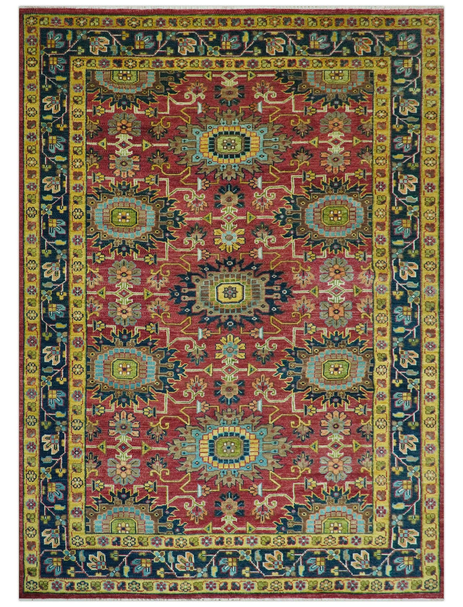 Custom Made Red And Mustard Traditional Floral Design Hand Knotted Wool Rug - The Rug Decor