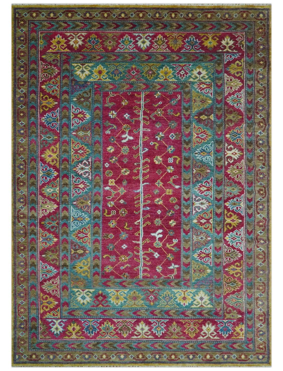 Custom Made Red And Olive Traditional Floral Design Hand Knotted Wool Rug - The Rug Decor