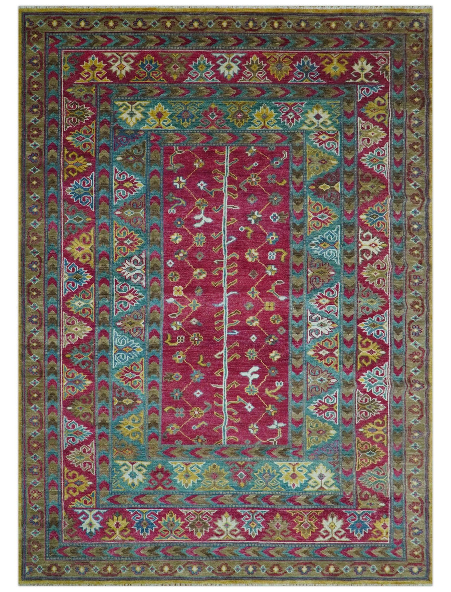 Custom Made Red And Olive Traditional Floral Design Hand Knotted Wool Rug - The Rug Decor
