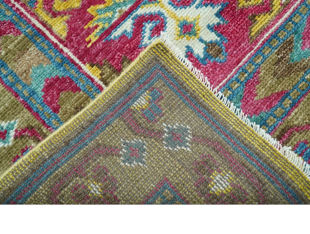 Custom Made Red And Olive Traditional Floral Design Hand Knotted Wool Rug - The Rug Decor