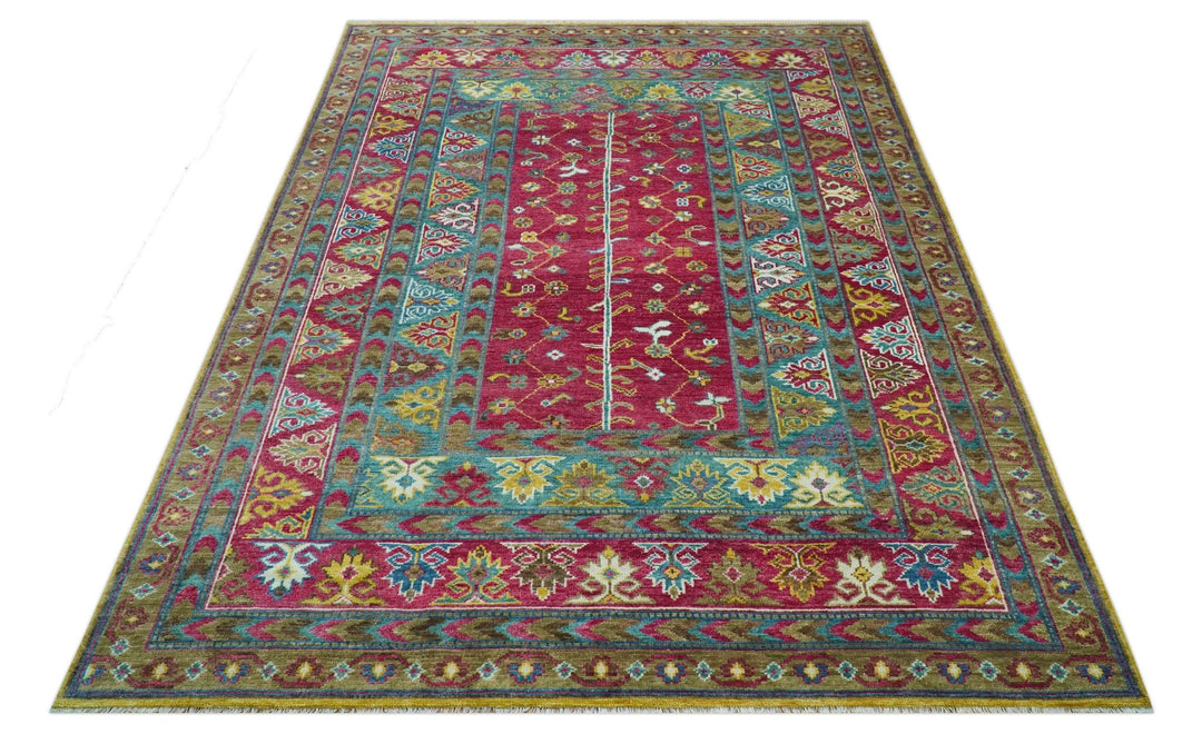 Custom Made Red And Olive Traditional Floral Design Hand Knotted Wool Rug - The Rug Decor